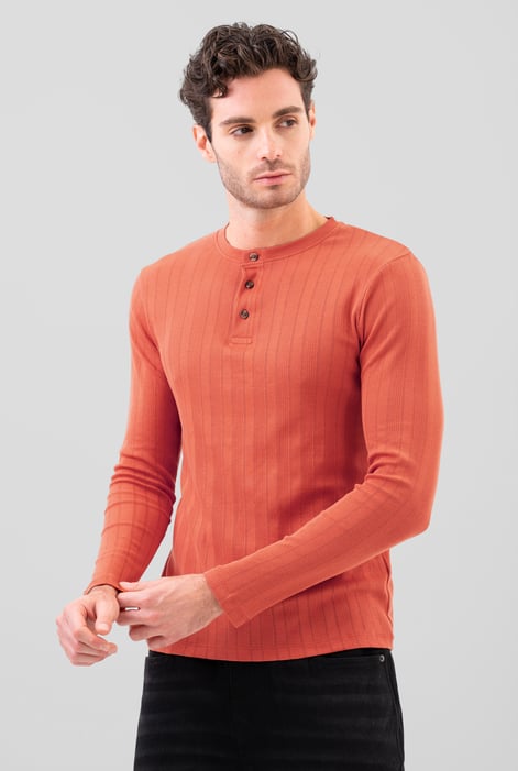 Blue Button Detail Half Placket Long Sleeve T-shirt