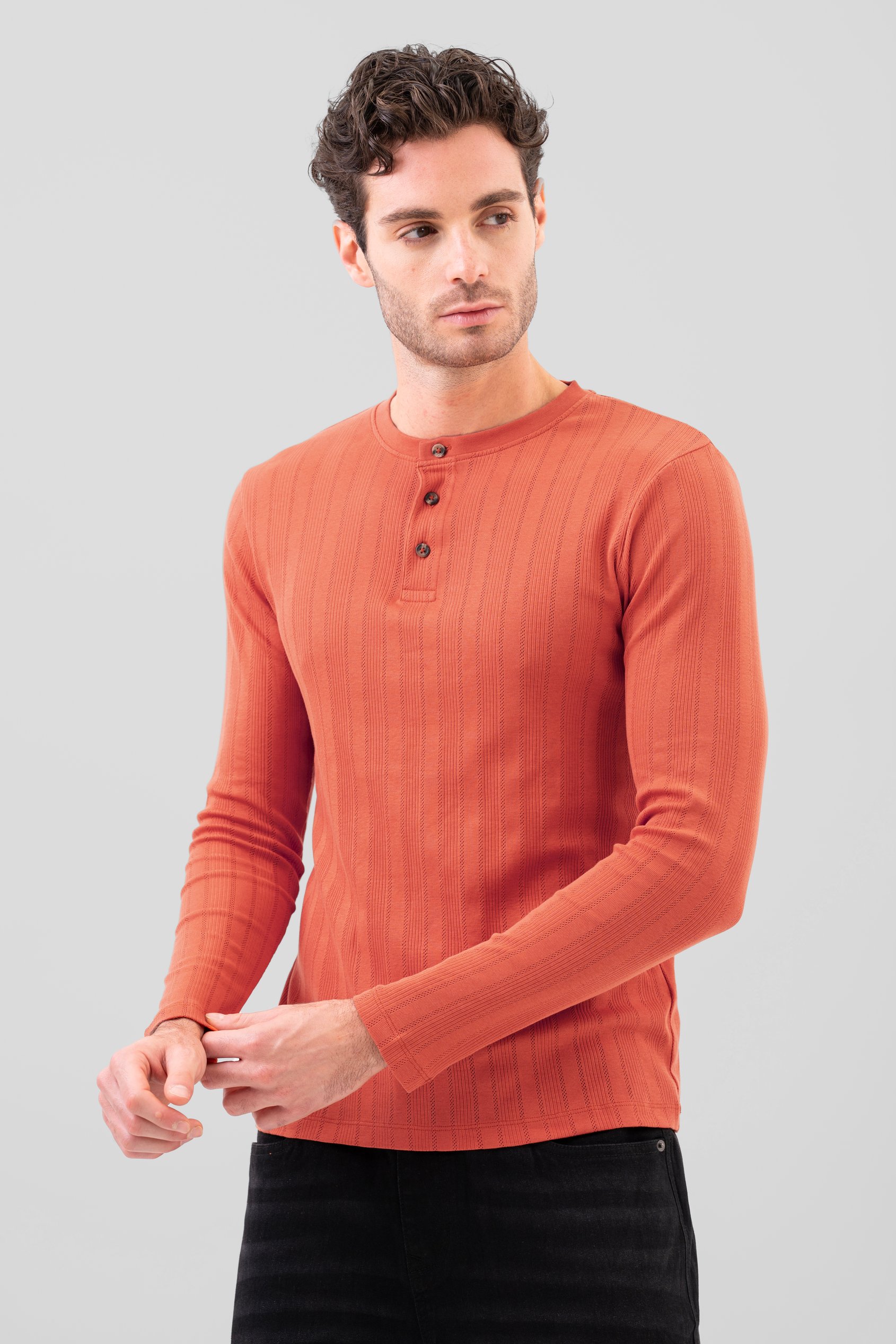Enorsia Men's Orange Button Detail Half Placket Long Sleeve T-Shirt - Uk S