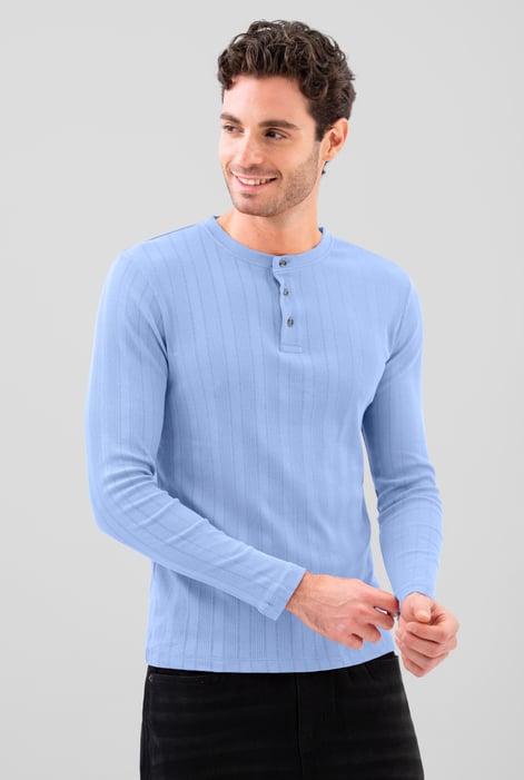 Blue Button Detail Half Placket Long Sleeve T-shirt