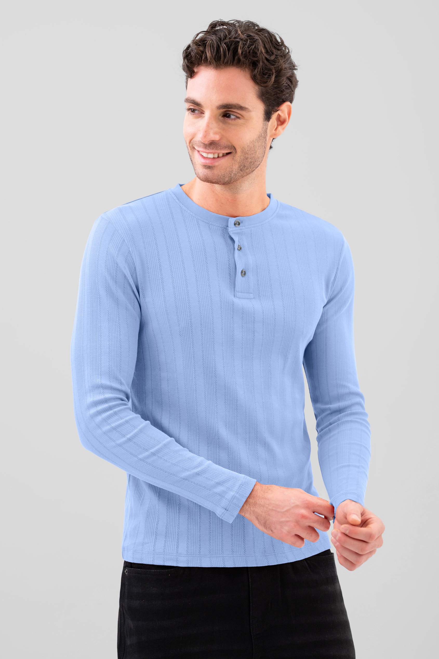 Enorsia Men's Blue Button Detail Half Placket Long Sleeve T-Shirt - Uk Xxl