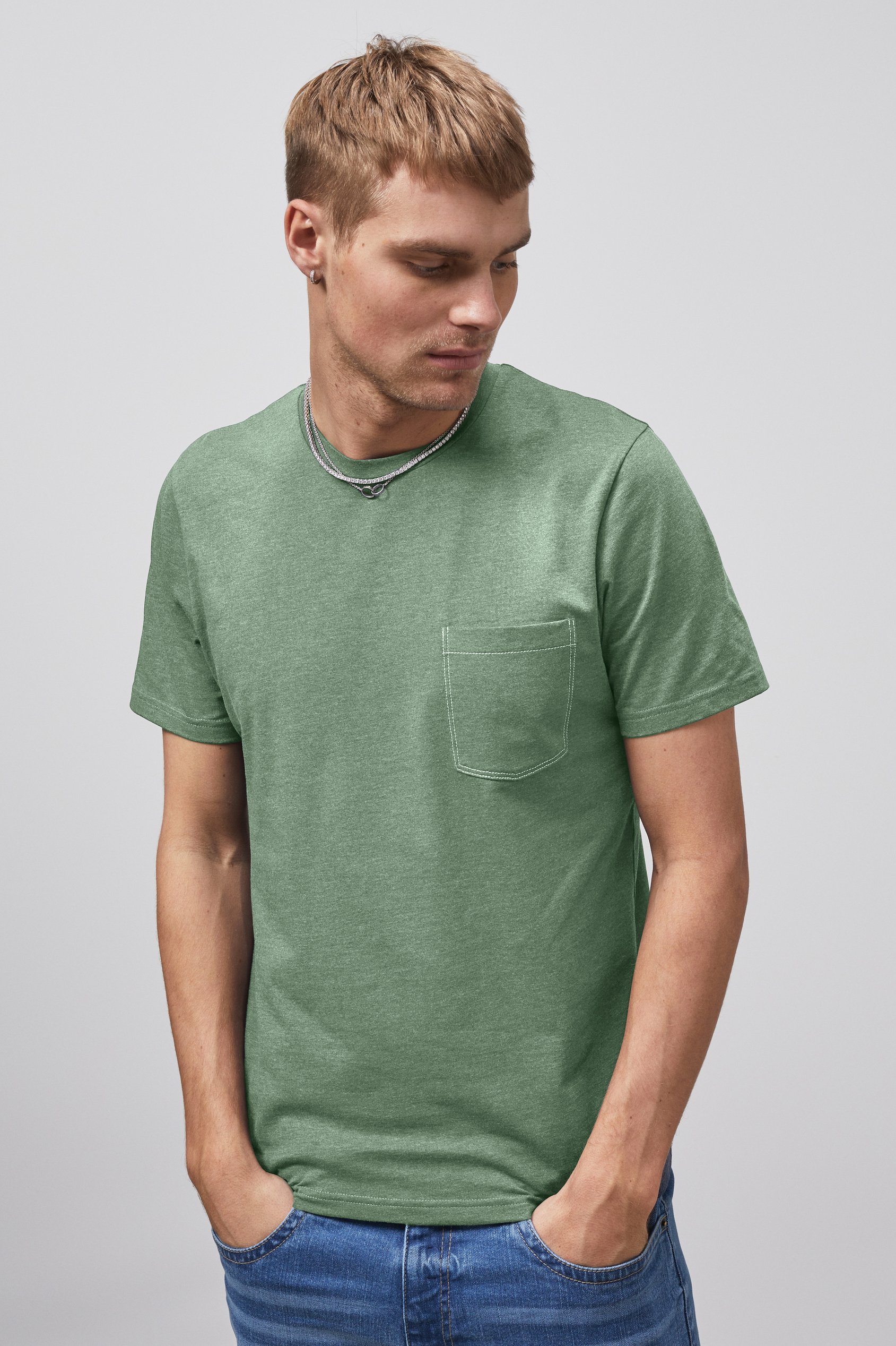 Enorsia Men's Green Front Pocket Short Sleeve T-Shirt - Uk M