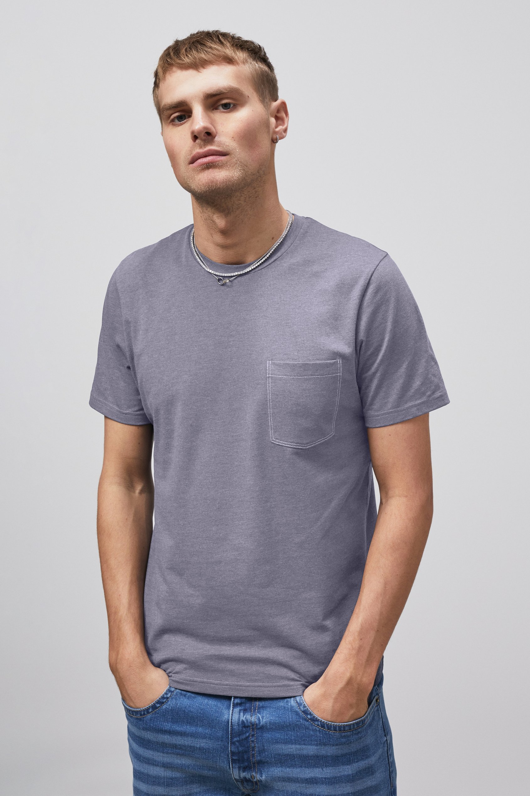 Enorsia Men's Grey Front Pocket Short Sleeve T-Shirt - Uk M