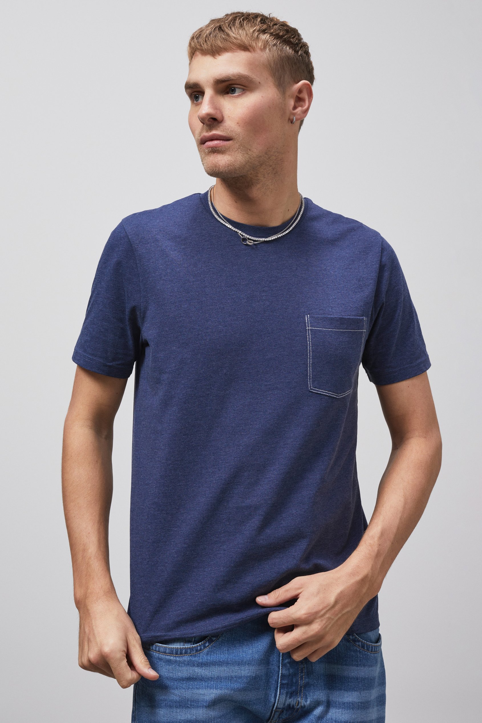 Enorsia Men's Navy Front Pocket Short Sleeve T-Shirt - Uk M