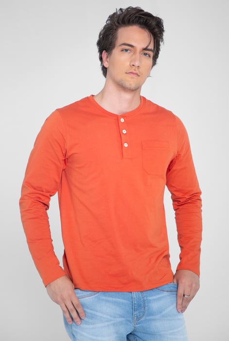 Orange Half Placket Long Sleeve T-Shirt