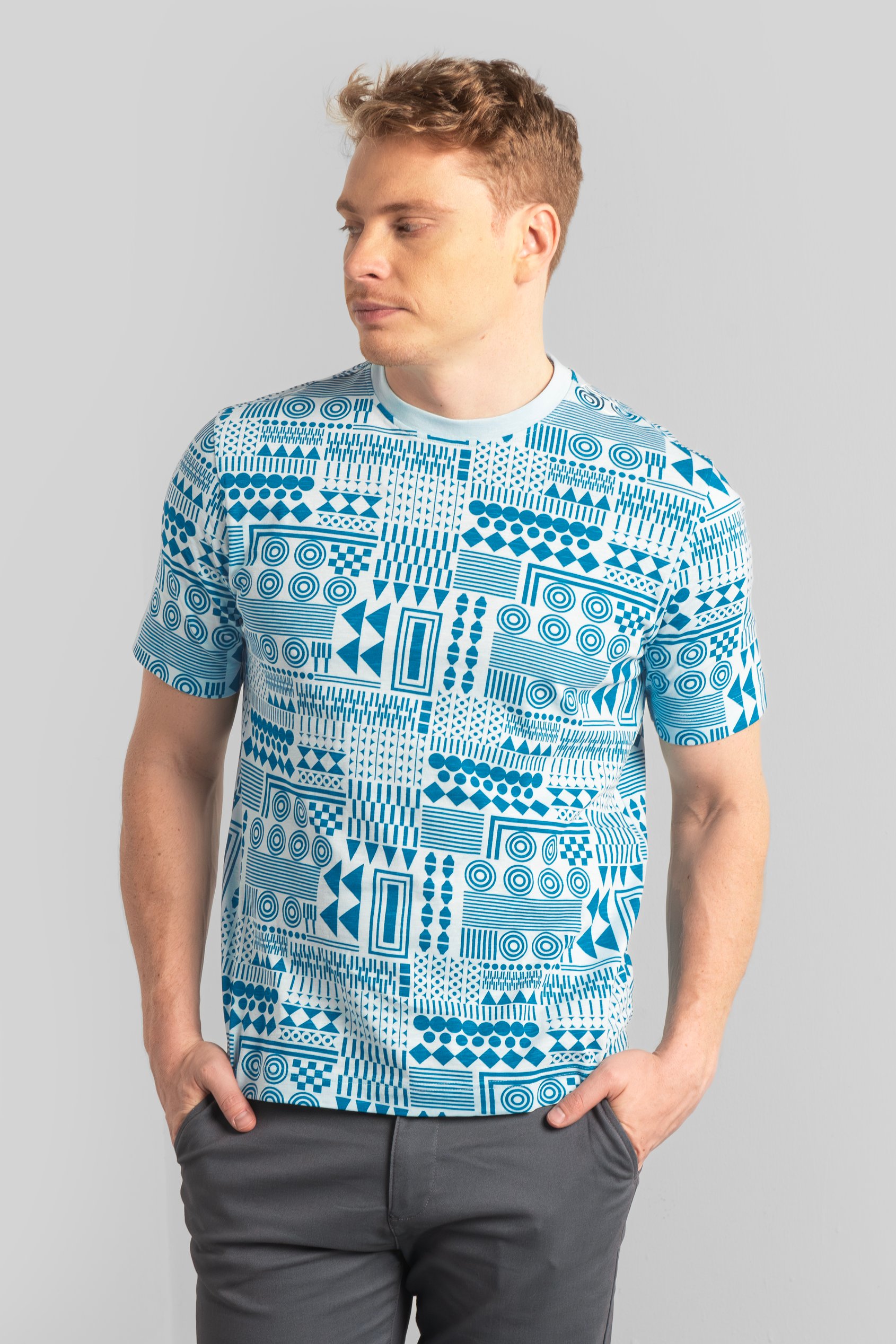 Enorsia Men's Blue Geometric Printed T-Shirt - Uk M