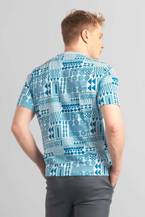 Mens Blue Geometric Printed T-Shirt