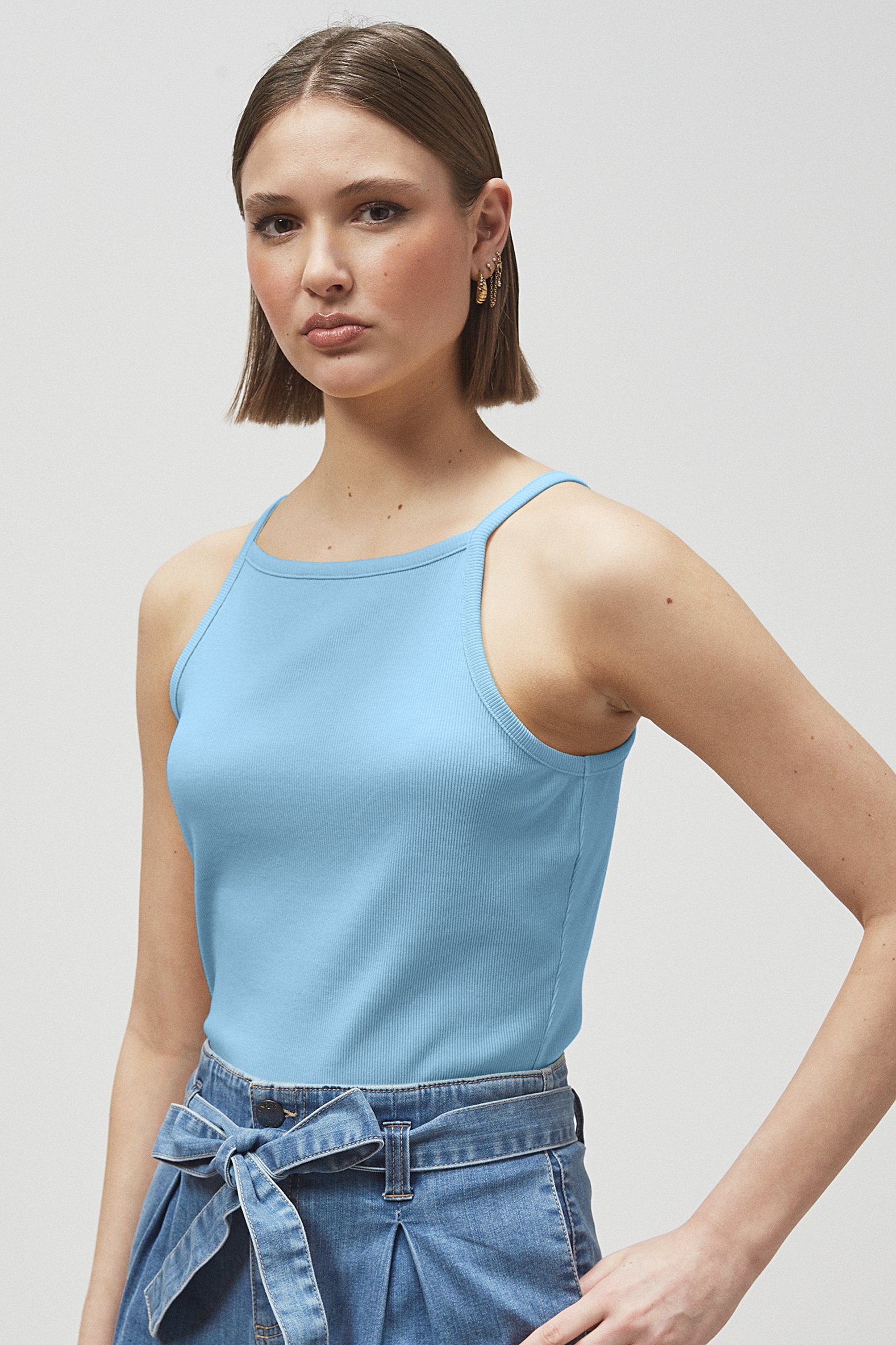 Enorsia Women's Blue Square Neck Ribbed Cami - Uk 14