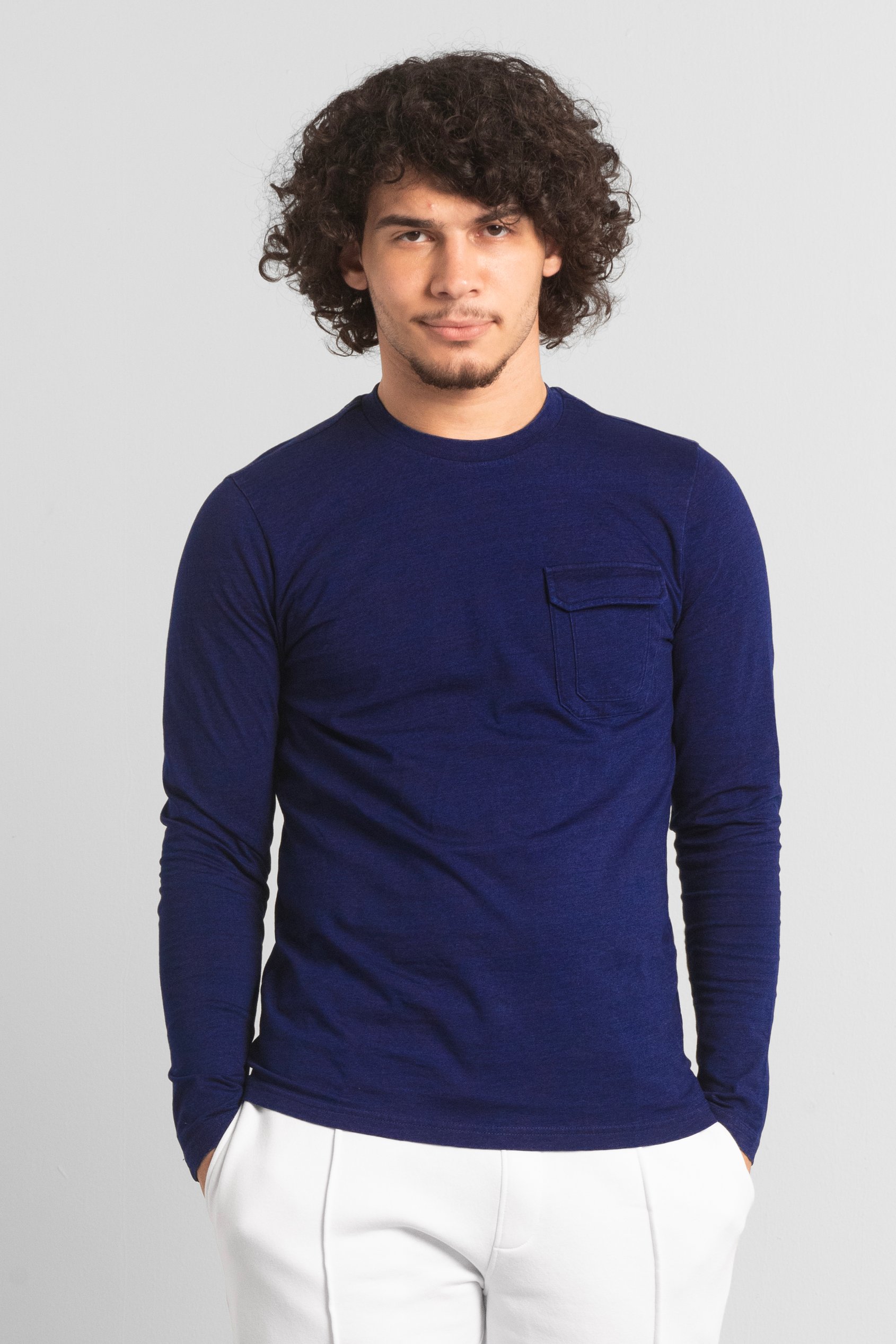 Enorsia Men's Blue Long Sleeve Indigo Washed T-Shirt - Uk S