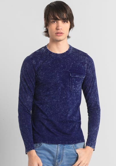 Mens Long Sleeve Indigo Washed T-Shirt