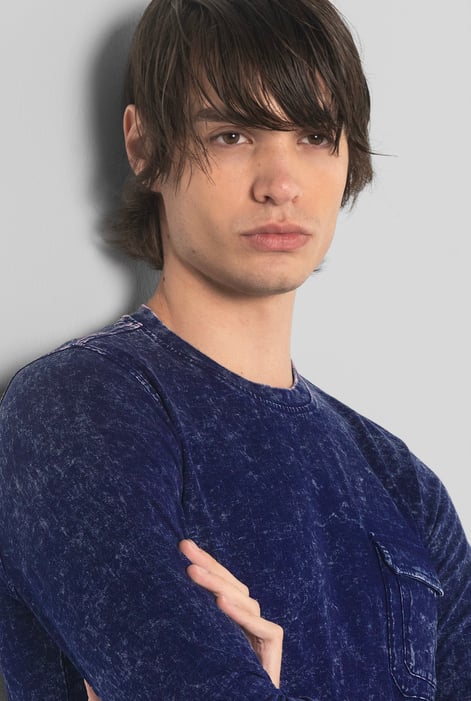 Mens Navy Long Sleeve Indigo Washed T-Shirt
