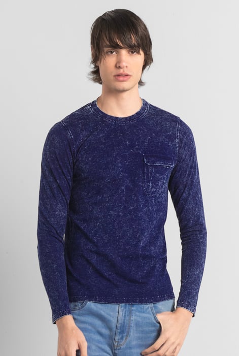 Mens Navy Long Sleeve Indigo Washed T-Shirt