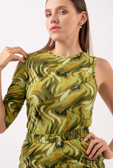 Womens Green One-Shoulder Fluid Printed Tops