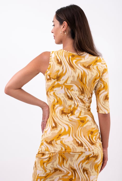 Womens Yellow One-Shoulder Fluid Printed Tops