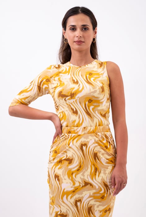 Womens Yellow One-Shoulder Fluid Printed Tops