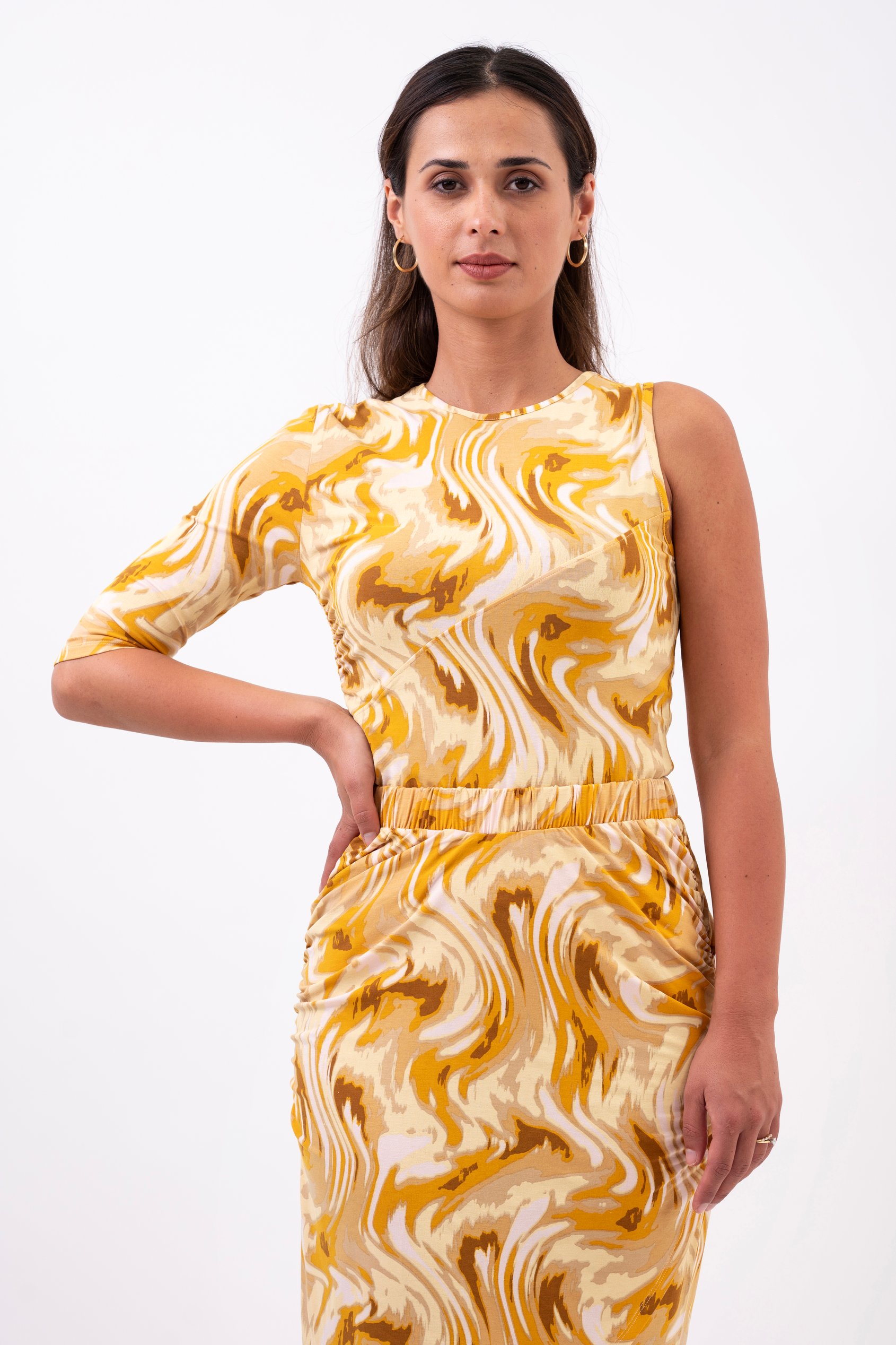 Enorsia Women's Yellow Abstract Print One Shoulder Top - Uk 18