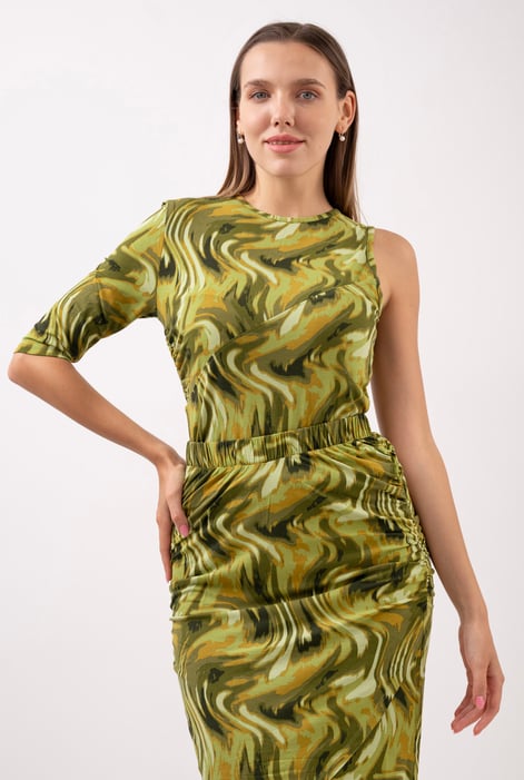 Womens Yellow One-Shoulder Fluid Printed Tops