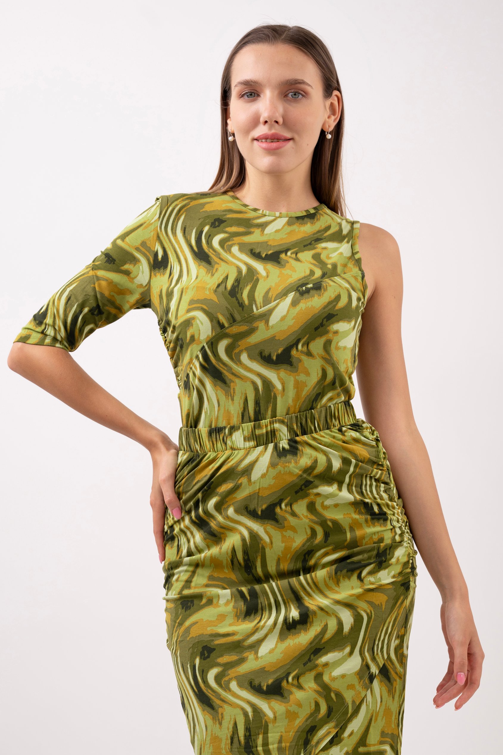 Enorsia Women's Green Abstract Print One Shoulder Top - Uk 18