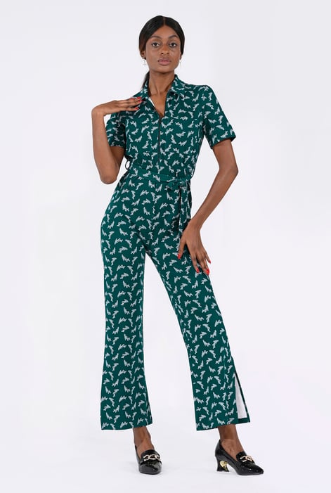 Womens Green Zip Through Wide Leg Jumpsuit