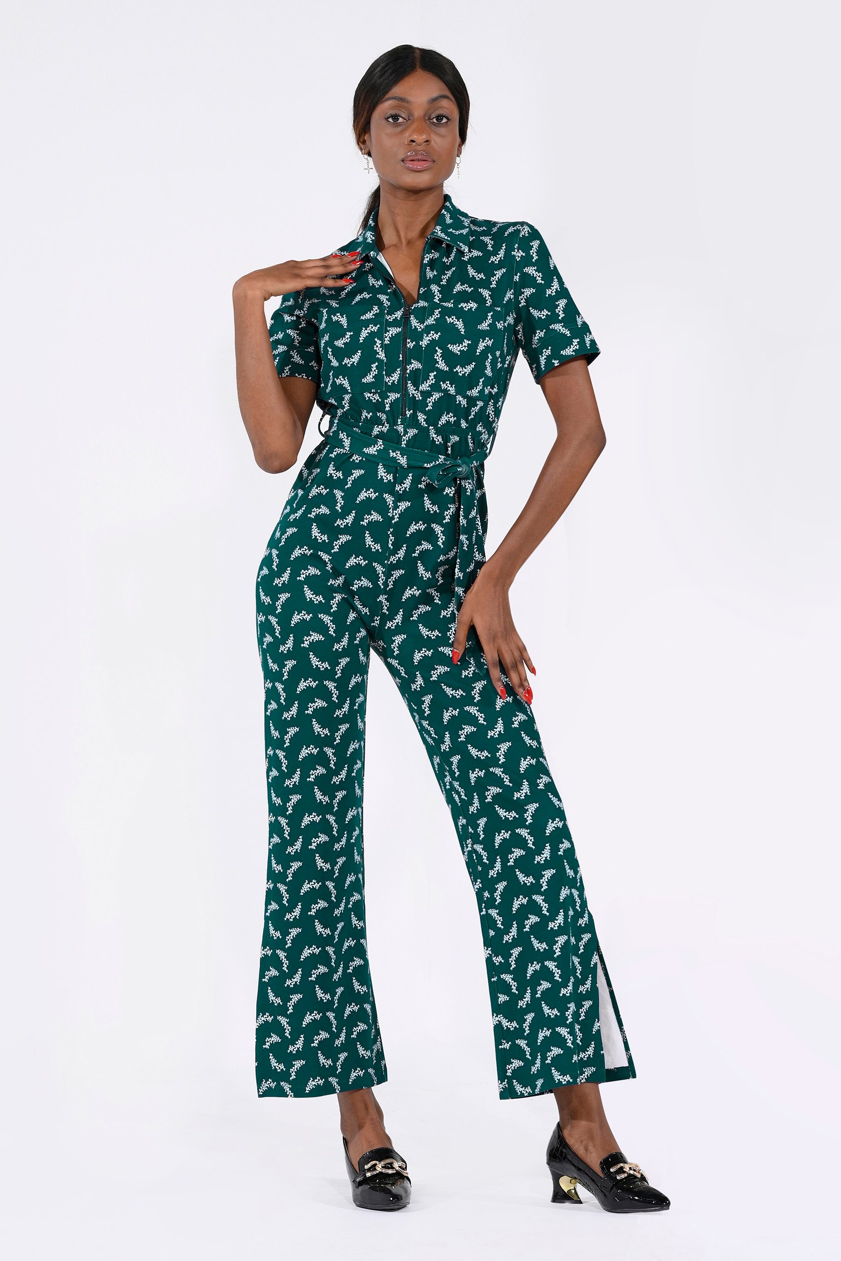 Enorsia Women's Green Zip Through Wide Leg Jumpsuit - Uk 12
