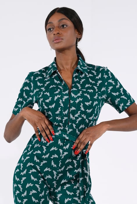 Womens Green Zip Through Wide Leg Jumpsuit