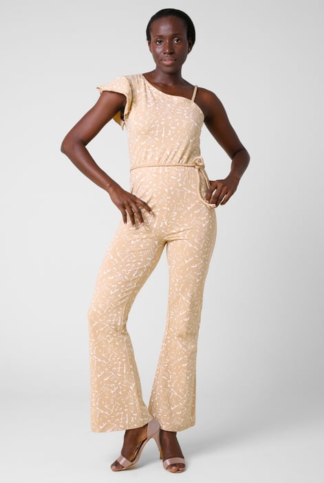 Cream One-Shoulder Jumpsuit with Ruffle Sleeve Detail
