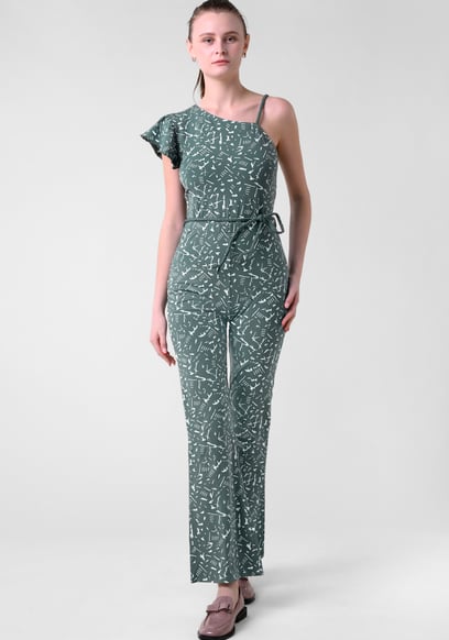 One-Shoulder Jumpsuit with Ruffle Sleeve Detail