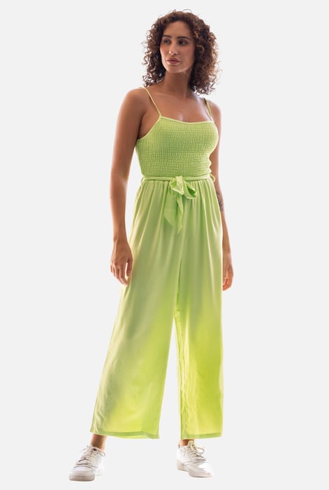 Cream Belted Solid Jumpsuit with a Shirred Silhouette