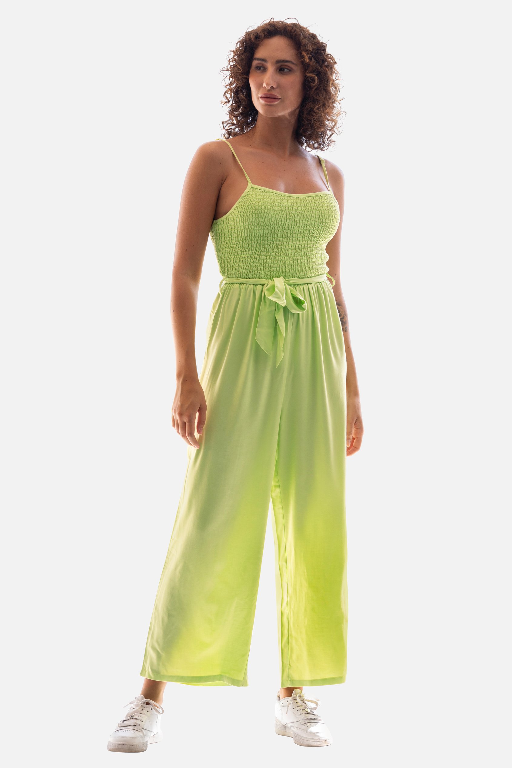 Enorsia Women's Green Belted Solid Jumpsuit With A Shirred Silhouette - Uk 12