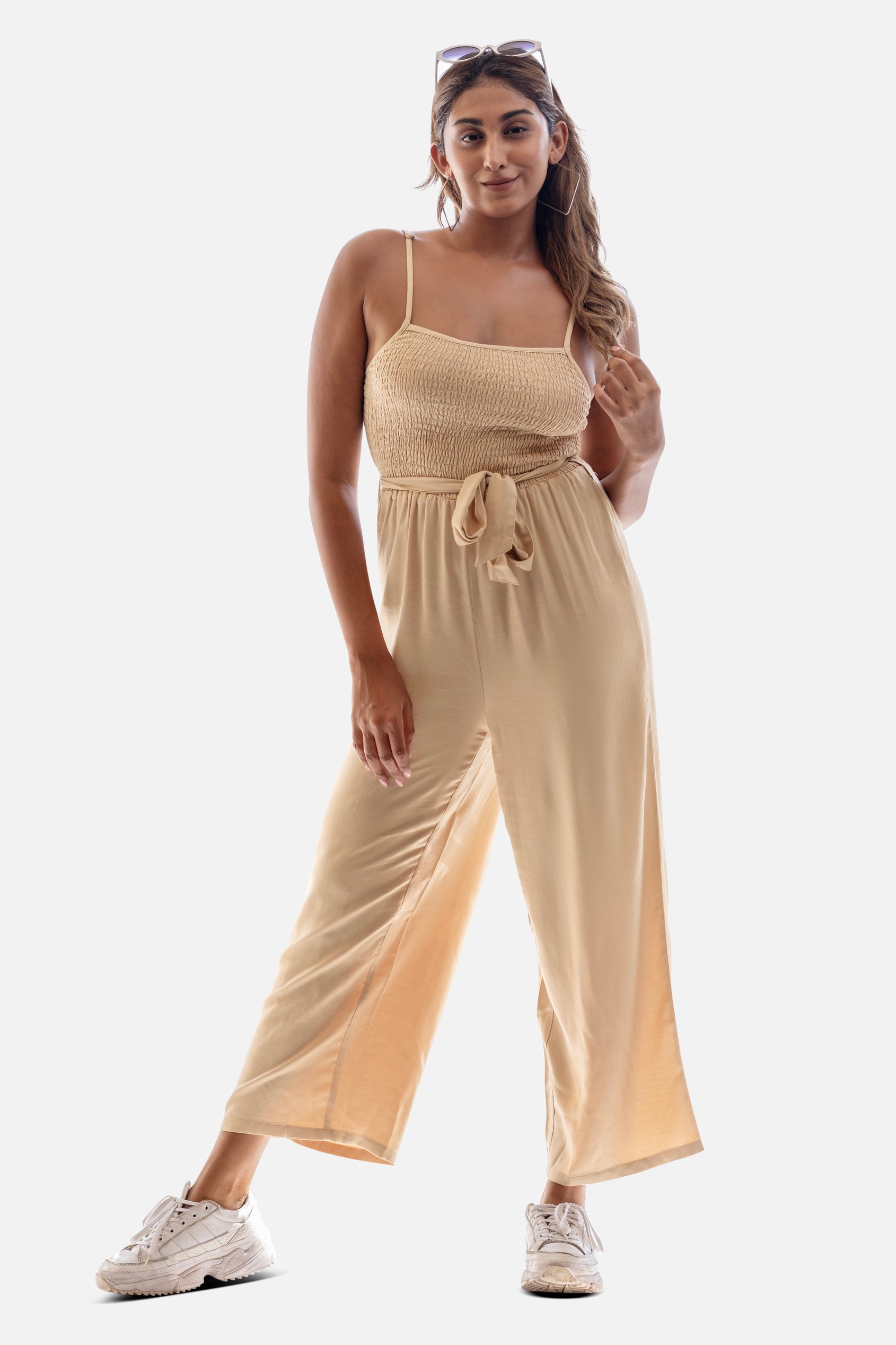 Enorsia Women's Cream Belted Solid Jumpsuit With A Shirred Silhouette - Uk 14