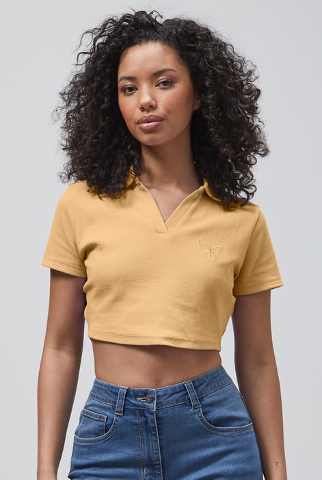 Green Waffle V-Neck Cropped Polo