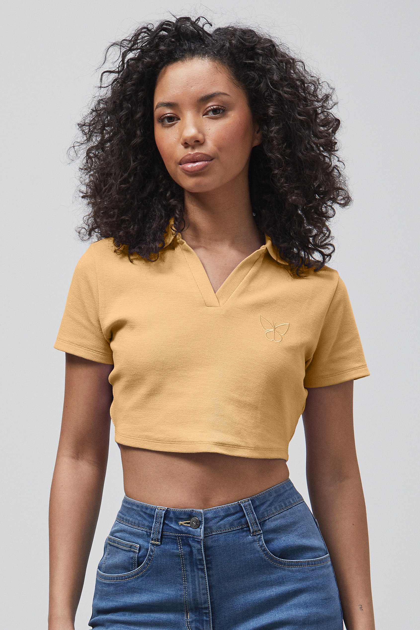 Enorsia Women's Yellow Waffle V-Neck Cropped Polo - Uk 18