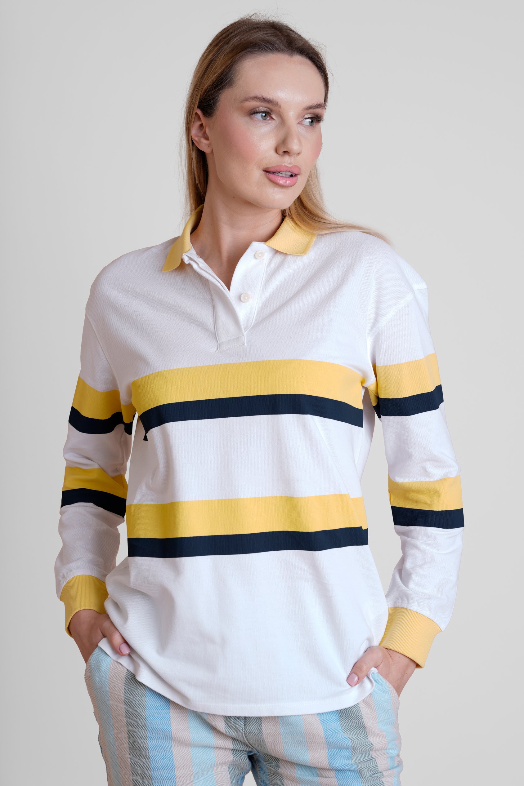 Enorsia Women's Yellow/Navy Stripe Rugby Polo With Contrast Stripes - Uk 14
