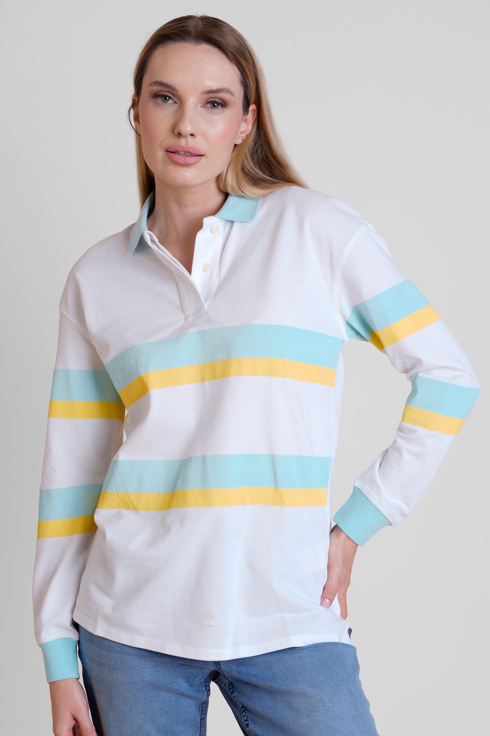 Enorsia Women's Blue/Yellow Stripe Rugby Polo With Contrast Stripes - Uk 14