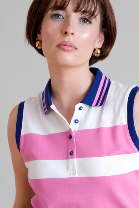 Women's Pink/Blue/White Colour Block Sleeveless Polo Shirt