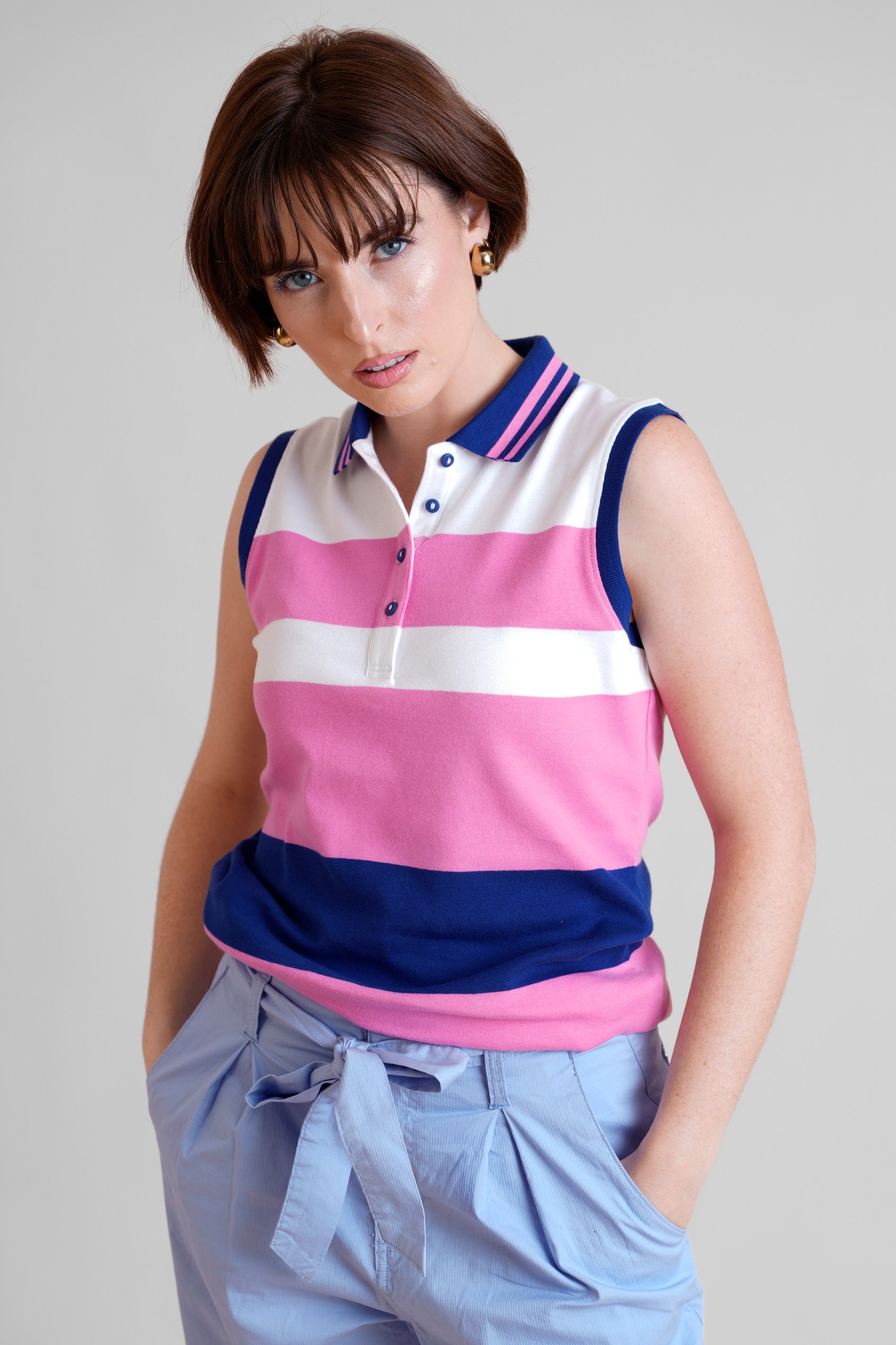 Enorsia Women's Pink/Blue/White Colour Block Sleeveless Polo Shirt - Uk 8