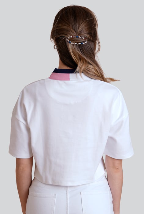 White Twin Tipped Collar Cropped Polo Shirt