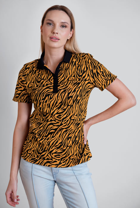 Mustard Zebra Print Short Sleeve Polo Shirt
