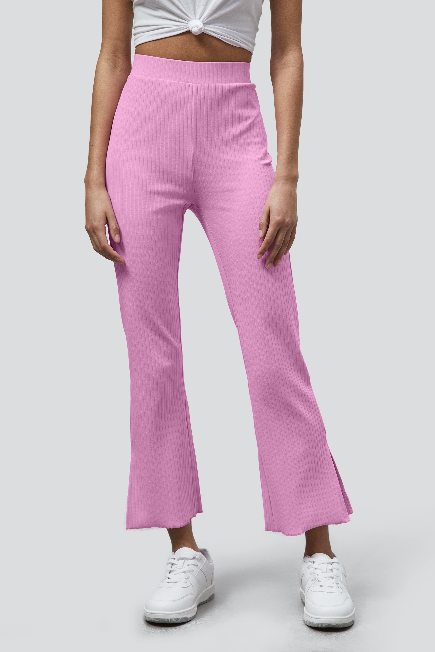 Enorsia Women's Pink Jersey Ribbed Side Slit Leggings - Uk 18