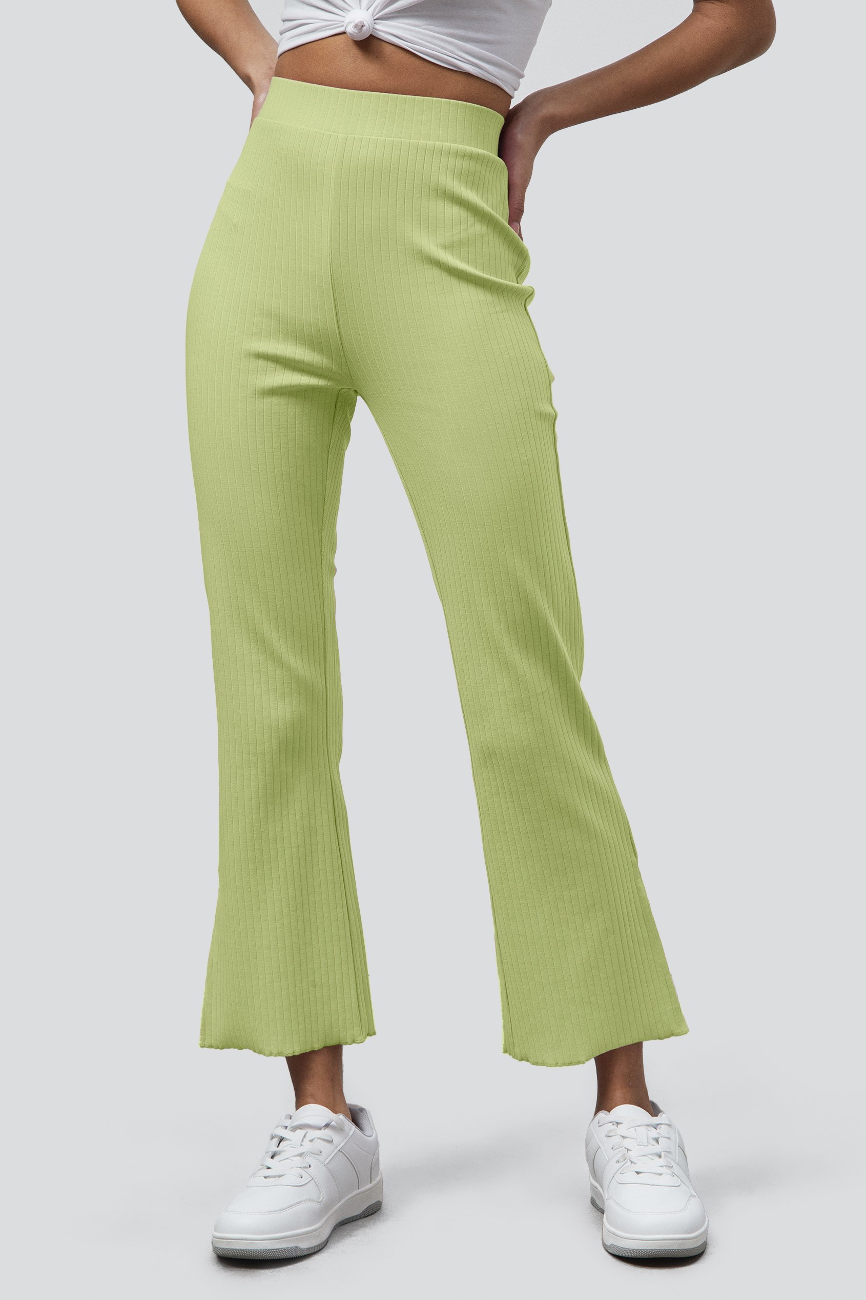 Enorsia Women's Green Jersey Ribbed Side Slit Leggings - Uk 18