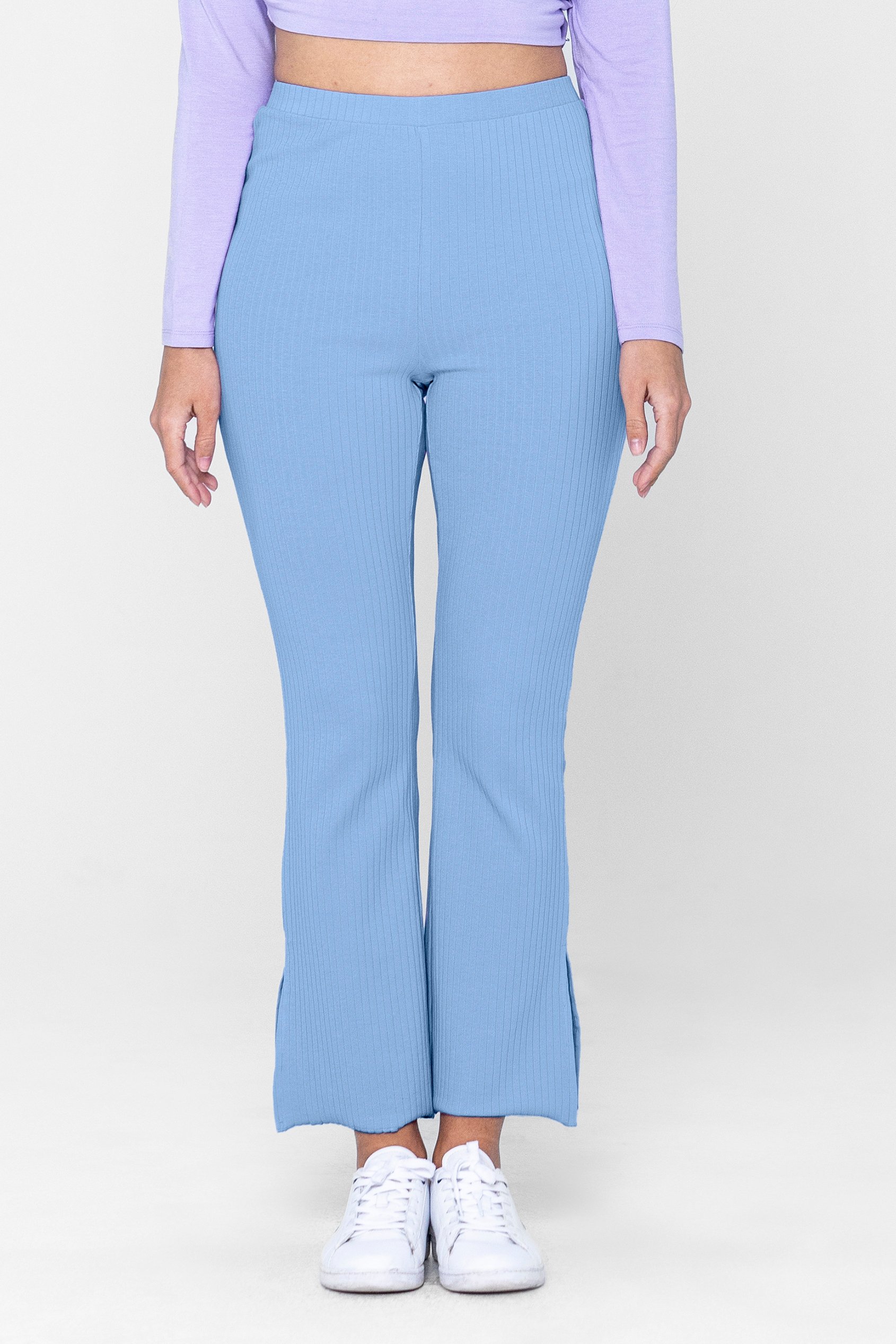 Enorsia Women's Blue Jersey Ribbed Side Slit Leggings - Uk 18
