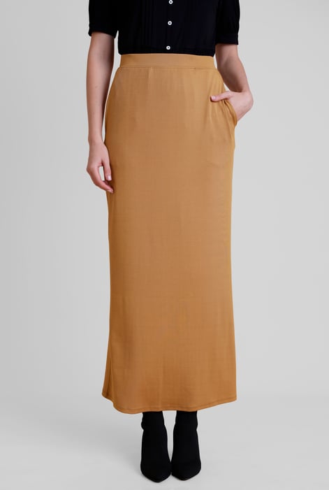 Brown Detailed Stitched Jersey Comfort Fit Skirt