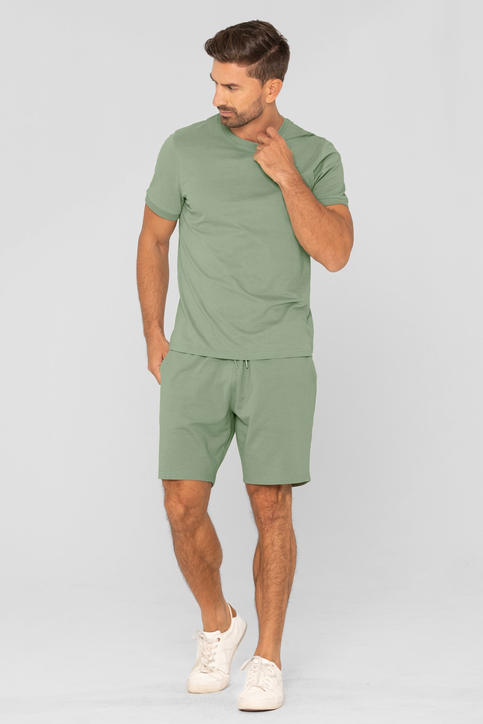 Enorsia Men's Green Cotton Terry Short Sleeve Tee And Short Co-Order Set - Uk S
