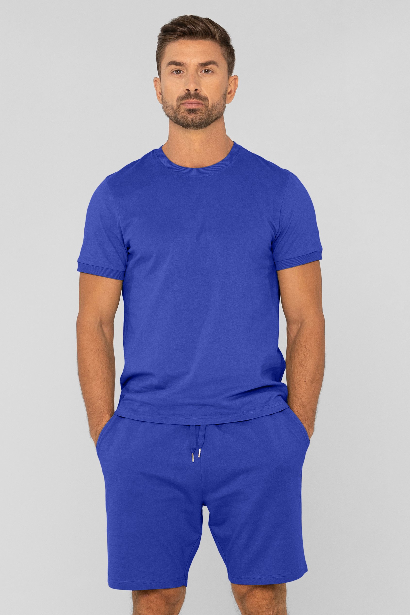 Enorsia Men's Blue Cotton Terry Short Sleeve Tee And Short Co-Order Set - Uk M