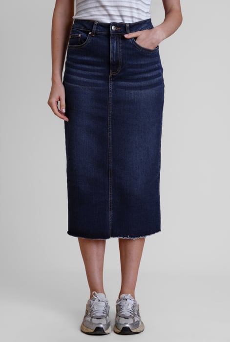 Navy Denim Midi Skirt With Embroidery Details