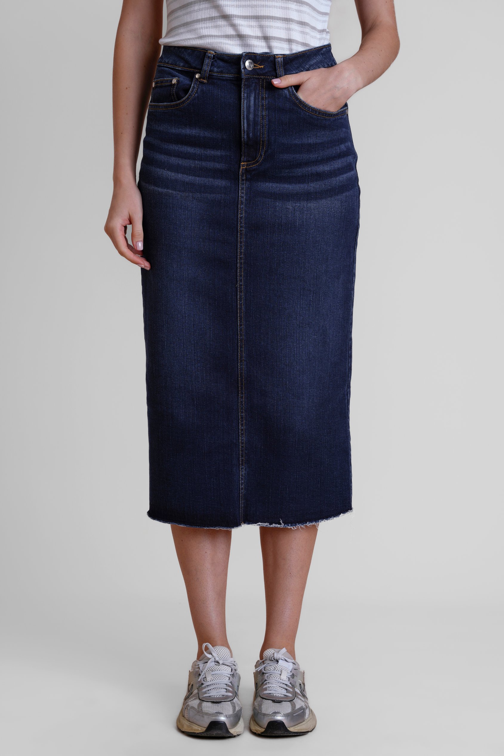 Enorsia Women's Navy Embroidered Pocket Denim Midi Skirt - Uk 18