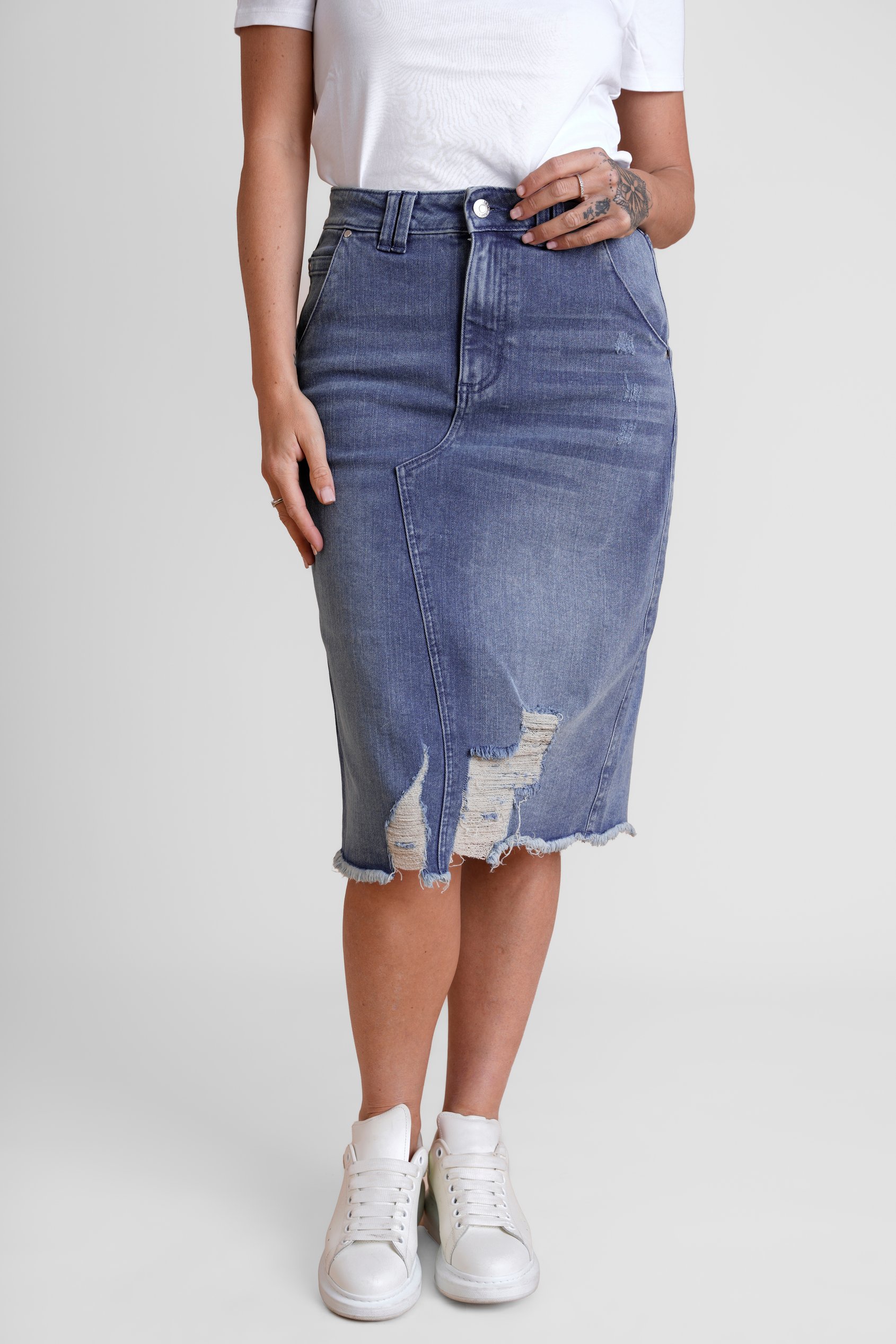 Enorsia Women's Mid Blue Distressed Hem Denim Skirt - Uk 16