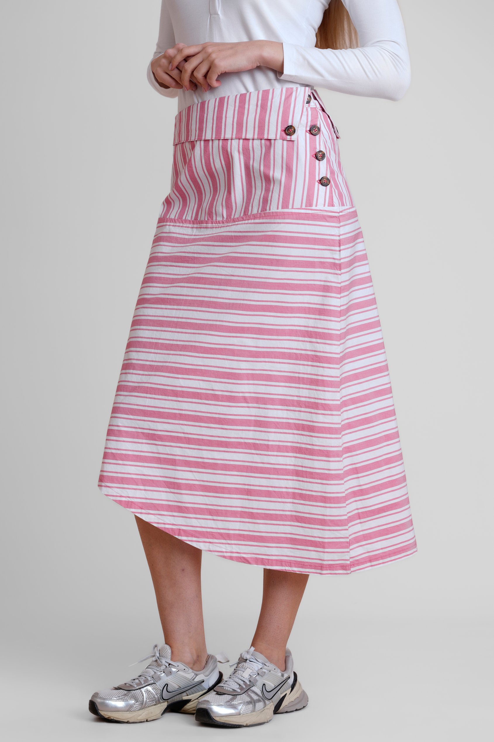 Striped Asymmetric Hem Midi Skirt