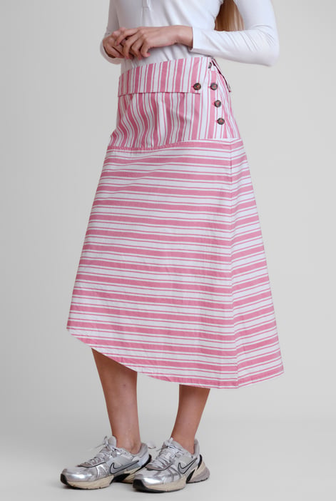Pink Striped Asymmetric Hem Midi Skirt