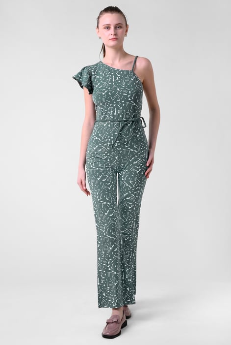 Cream One-Shoulder Jumpsuit with Ruffle Sleeve Detail