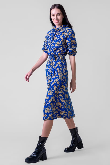 Blue Tie Frill Neck Printed Midi Dress
